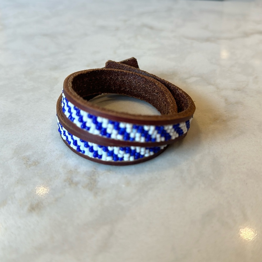 Leather Beaded Double Wrap Cuff Braceelt